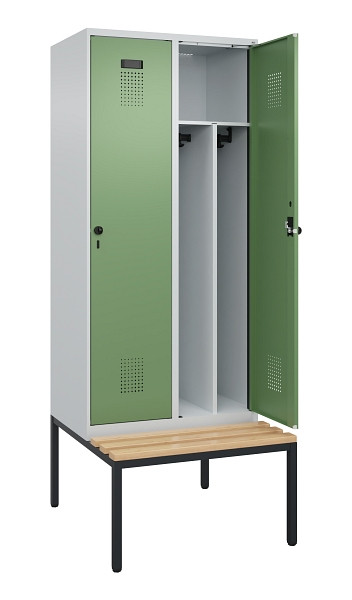 C+P Spind Evolo PLUS, 2 Abteile, 2120x800x815mm, 7035/6011, Haken 4, Drehriegel, Sitzfläche Buche-Hartholz, Sitzbank, Trennwand, 0490507-22F S10010