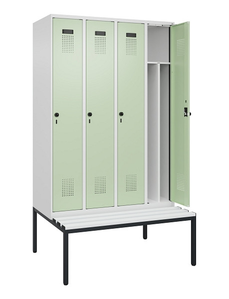 C+P Spind Evolo PLUS, 4 Abteile, 2120x1200x815mm, 9016/6019, Haken 4, Drehriegel, Sitzfläche Kunststoff, Sitzbank, 0490507-40F S10073