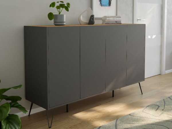 Posseik Sideboard Industrial P 155cm 4 Schubladen Türen Grafit/Eiche Top, PN2093X0000058DE