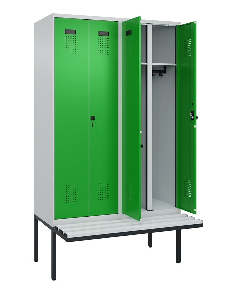 C+P Schwarz-Weiß-Spind Evolo PLUS, Bank, 4 Abteile, 2120x1200x815mm, 7035/6037, Drehriegel, Material Sitzfläche Kunststoff, 0490427-40 S10065