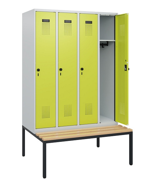 C+P Spind Evolo PLUS, 4 Abteile, 1950x1200x815mm, 7035/0024, Drehriegel, Sitzfläche Buche-Hartholz, Sitzbank, 0490505-40 S10015