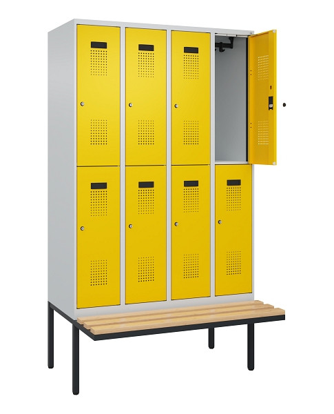C+P Doppelstock-Spind Evolo PLUS, Bank, 8 Fächer, 2120x1200x815mm, 7035/1023, Zylinderschloss, Sitzfläche Buche-Hartholz, 0493407-40 S10028