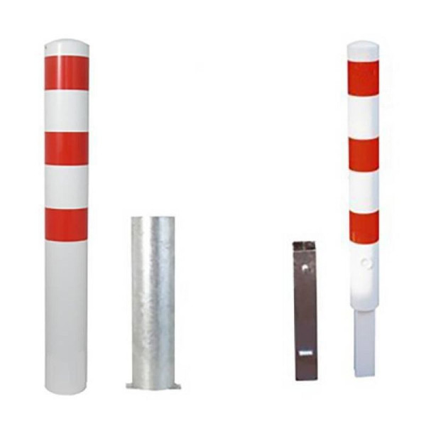 Stein HGS Stahlrohrpoller/Rammschutzpoller -Bollard-, 1500mm/ohne Verschluss, weiß mit 3 roten Leuchtstreifen, 2 Ösen, 34988b-2