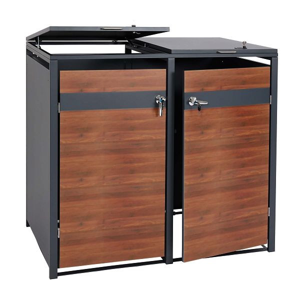 Mendler 2er Mülltonnenverkleidung HWC-J82, Mülltonnenbox, erweiterbar, Metall 50kg, anthrazit, Kirsche-Holzoptik dunkelbraun, 83369+83370