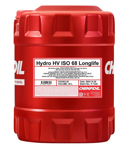 CHEMPIOIL Paraffin-Hydrauliköl 2203 Hydro HV ISO 68 LONGLIFE, VE: 20 l, CH2203-20