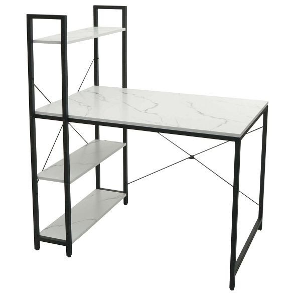 Mendler Schreibtisch mit Regal HWC-K81, Laptoptisch Bürotisch Arbeitstisch, 100x60cm Metall MDF, Marmor-Optik weiß, 98672