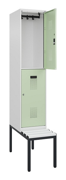 C+P Doppelstock-Spind Evolo PLUS, Bank, 2 Fächer, 2120x400x815mm, 9016/6019, Zylinderschloss, Sitzfläche Kunststoff, Sitzbank, 0493507-12 S10133