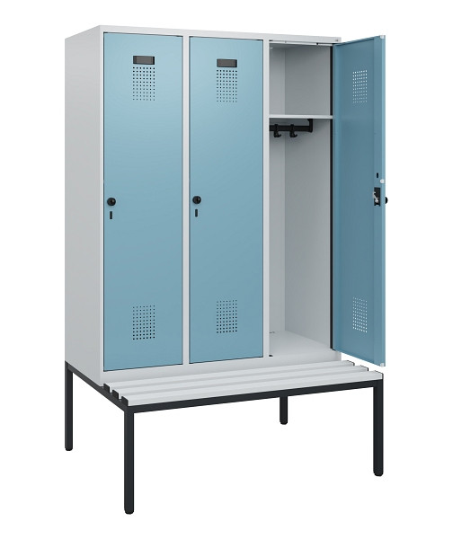 C+P Spind Evolo PLUS, 3 Abteile, 1950x1200x815mm, 7035/0010, Drehriegel, Sitzfläche Kunststoff, Sitzbank, 0490505-32 S10063
