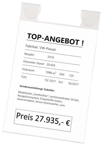 Eichner Preisblatt-Tasche A4 zur Fixierung am Innenspiegel, Format H: 345 mm x B: 211 mm, VE: 5 Stück, 9219-01056