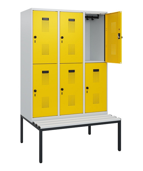 C+P Doppelstöckiger Spind Evolo PLUS, Bank, 6 Fächer, 1950x1200x815mm, 7035/1023, Drehriegel, Sitzfläche Kunststoff, Sitzbank, 0493505-32 S10084