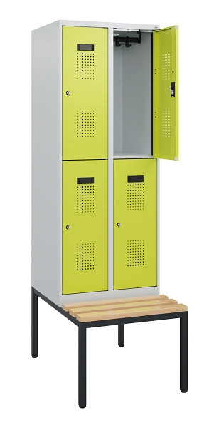 C+P Doppelstöckiger Spind Evolo PLUS, Bank, 4 Fächer, 1950x600x815mm, 7035/0024, Zylinderschloss, Sitzfläche Buche-Hartholz, Sitzbank, 0493505-20 S10042