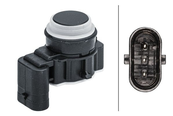 HELLA Sensor, Einparkhilfe, gewinkelt, 3-polig, gesteckt, lackierbar, mit Befestigungsring, 6PX 358 141-361
