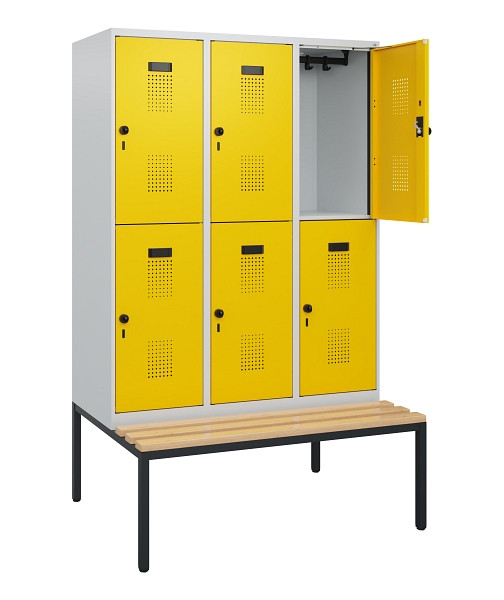 C+P Doppelstöckiger Spind Evolo PLUS, Bank, 6 Fächer, 1950x1200x815mm, 7035/1023, Drehriegel, Sitzfläche Buche-Hartholz, Sitzbank, 0493505-32 S10001