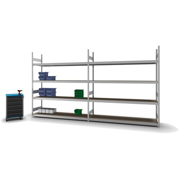 hofe Großfach-Grundregal, 2500x600x2200 mm, 4 Fachebenen, Spanplatte verzinkt, 350 kg Fachlast, 1750 kg Feldlast, zweiseitige Bedienung, GZG25622S