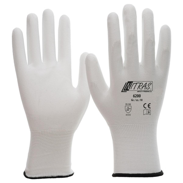 NITRAS Nylonhandschuhe, weiß, PU-Beschichtung, weiß, teilbeschichtet auf Innenhand und Fingerkuppen, Größe: 6, VE: 240 Paar, 6200-6