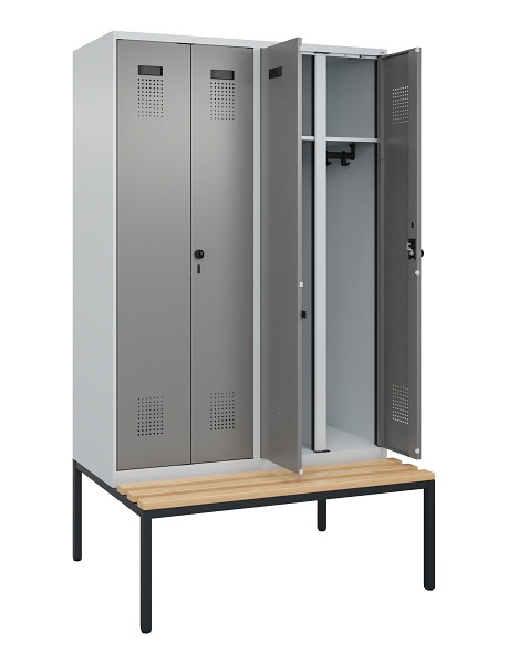 C+P Schwarz-Weiß-Spind Evolo PLUS, Bank, 4 Abteile, 2120x1200x815mm, 7035/0004, Drehriegel, Sitzfläche Buche-Hartholz, Sitzbank, 0490527-40 S10014