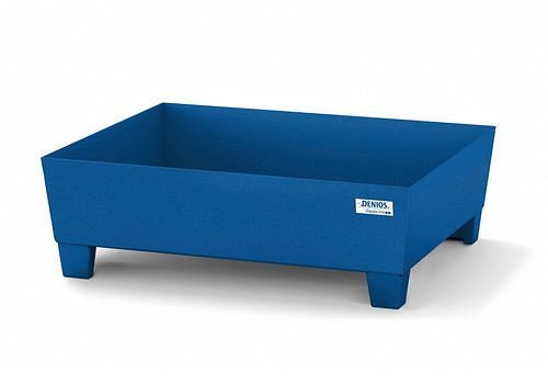 DENIOS Auffangwanne classic-line für 1 Fass à 60 l, Stahl blau lackiert, Füße, ohne Gitterrost, 259369