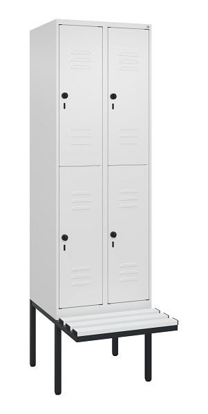 C+P Doppelstöckiger Spind Classic PLUS, 2 Abteile, 2120x600x815mm, 9016/9016, Drehriegel, mit Untergestell und schwebender Sitzfläche, 0803407-20 S10119