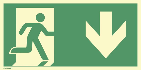 Moedel Notausgang rechts Pfeil unten, ISO 7010, Folie, nachleuchtend, 160-mcd, 297x148 mm, 99551