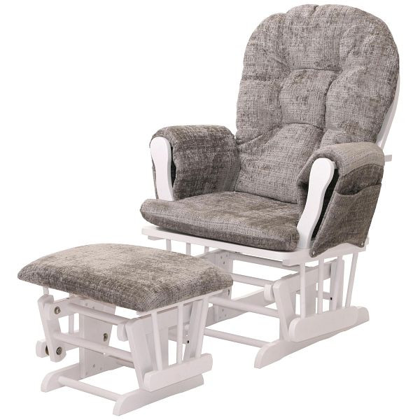 Mendler Relaxsessel HWC-C76, Schaukelstuhl Schwingstuhl mit Hocker Stoff Chenille (465g/m²) Öko-Tex, hellgrau, Gestell weiß, 109016