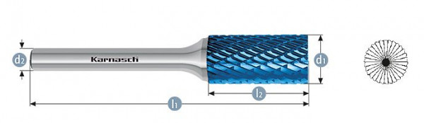 Karnasch Hartmetall-Frässtift Blue-Tec beschichtet ZYB/ HP-3 d1=16,0 / l2=25 / d2=8 / l1=70mm, 115011120