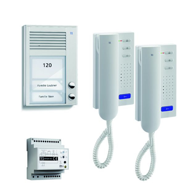 TCS Türkontrollsystem audio:pack AP für 2 Wohneinheiten, mit Außenstation PAK 2 Klingeltasten AP, 2x Türtelefon ISH3130, Steuergerät BVS20, PSC2120-0000