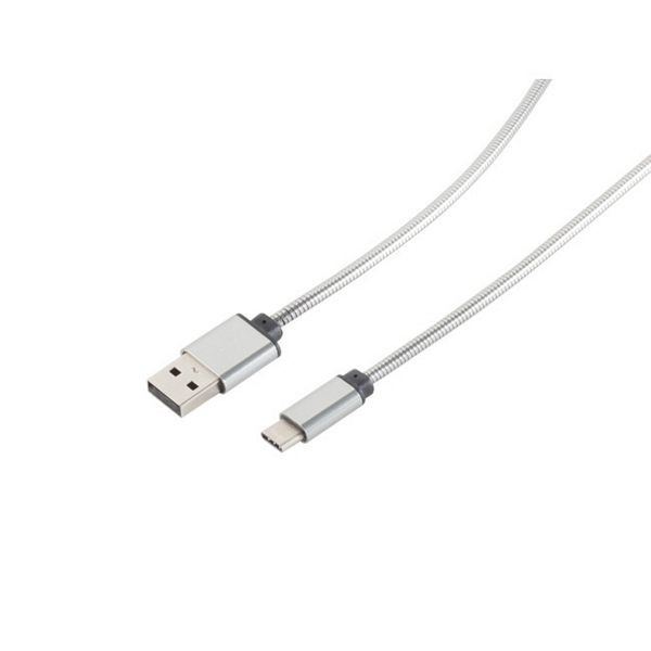 S-Conn USB Lade-Sync Kabel USB A Stecker auf USB 3.1C Stecker, Metallumantelung (Steel) Silber 1m, 14-12001