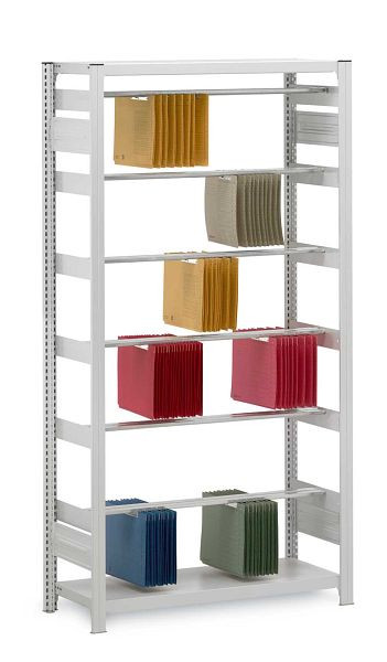 hofe Pendelhefter-Anbauregal, 2700x400x1000 mm, 8 Ebenen, 3 Böden, RAL 7035, 40 kg Fachlast, 320 kg Feldlast, Elba/Leitz System, HKA274010EL