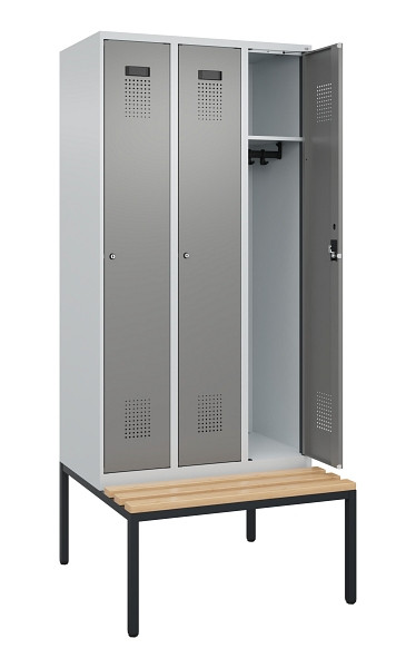 C+P Spind Evolo PLUS, 3 Abteile, 2120x900x815mm, 7035/0004, Haken 3, Zylinderschloss, Sitzfläche Buche-Hartholz, Sitzbank, 0490507-30 S10041