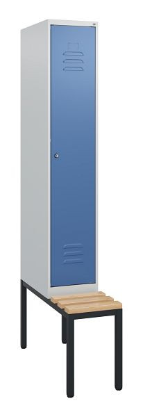 C+P Umkleidespind Classic PLUS, mit untergebauter Sitzbank, 1950x300x815mm, 7035/5023, Zylinderschloss, Buche-Sitzleisten, 0800505-10 S10020