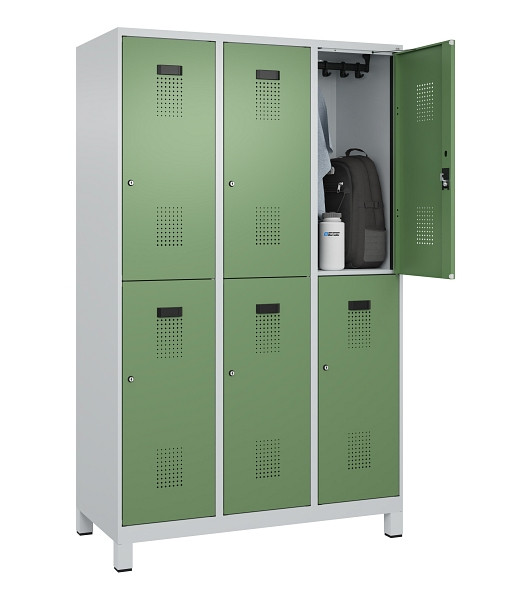 C+P Doppelstöckiger Spind Evolo PLUS, mit Füßen, 6 Fächer, 1950x1200x500mm, 703, Frontfarbe RAL 6011 Resedagrün, Zylinderschloss, 049310-32 S10037