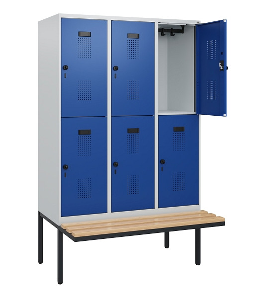 C+P Doppelstock-Spind Evolo PLUS, Bank, 6 Fächer, 1950x1200x815mm, 7035/5010, Drehriegel, Sitzfläche Buche-Hartholz, 0493405-32 S10006