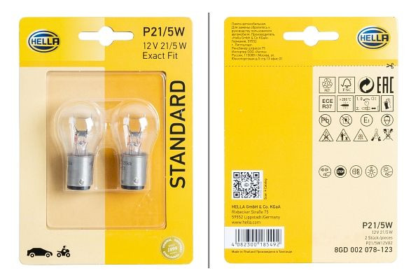 HELLA Halogen-Glühlampe, P21/5W, Standard, 12V, 5W, Sockelausführung Glühlampe: BAY15d, Blister, VE: 2 Stück, 8GD 002 078-123