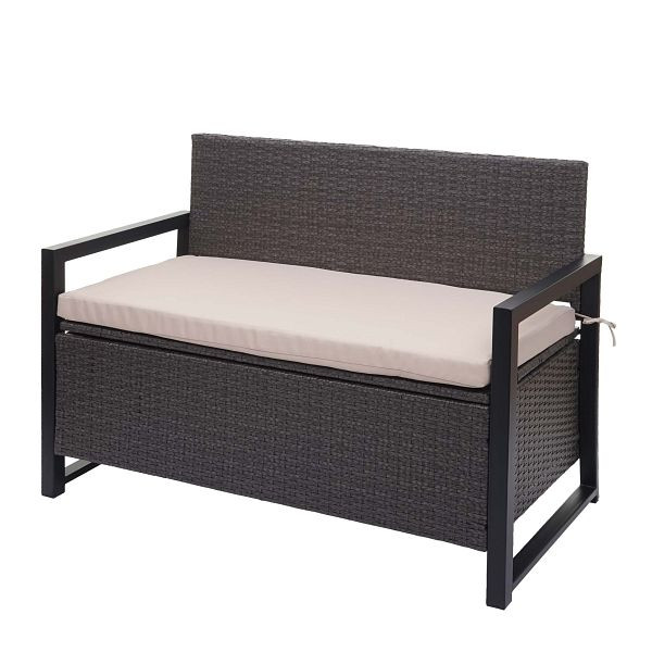 Mendler Poly-Rattan 2er Sitzbank HWC-F39, Gartenbank Truhenbank, Staufach Aufbewahrung Sitzkissen, grau, Kissen beige, 76089