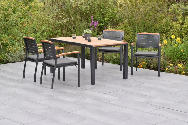 Merxx Tinos Set 9-teilig, 4 Tinos Stapelsessel, 4 Kissen, grau, mit Befestigungsbändchen, 1 Tisch 150 x 90 cm, Tischplatte aus Akazienholz, 50811-800