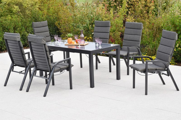 Merxx Siros Set 7-teilig, 6 Siros Sessel, verstellbar durch Gasdruckfeder, 6 Auflagen, uni grau, 1 Ausziehtisch, 150 (210) x 90 cm, 50966-800