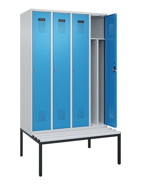 C+P Spind Evolo PLUS, 4 Abteile, 2120x1200x815mm, 7035/5012, Haken 4, Zylinderschloss, Sitzfläche Kunststoff, Sitzbank, 0490507-40F S10088