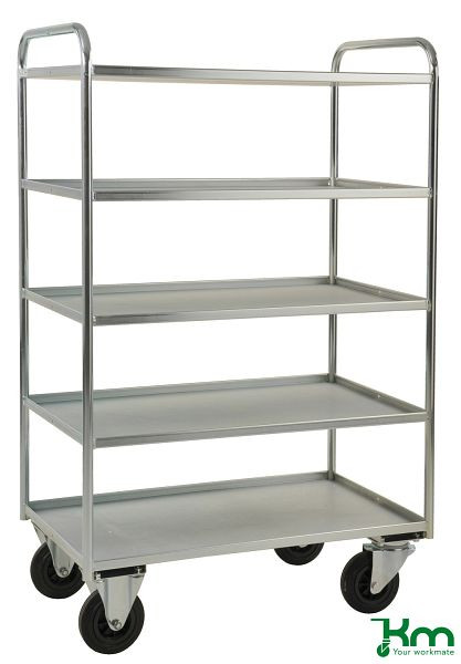 Kongamek Etagenwagen mit 5 Böden, vollständig geschweißt, 955 x 550 x 1490 mm, Verzinkt, 2 Bockrollen 2 Lenkrollen mit Bremse, KM4150-EB