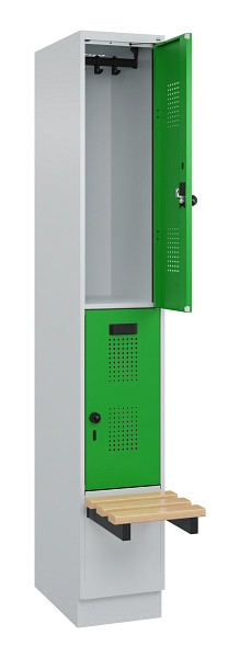 C+P Doppelstock-Spind Evolo PLUS, Bank, 2 Fächer, 1950x300x815mm, 7035/6037, Drehriegel, Sitzfläche Buche-Hartholz, mit Sockel, 049340-10 S10011