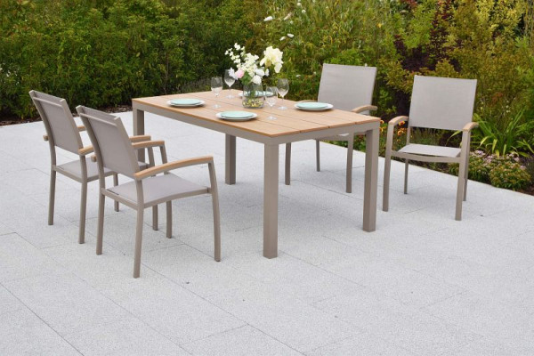 Merxx Piemont Set 5-teilig, 4 Stapelsessel, 1 Tisch 160 x 90 cm, Tischplatte aus Kunststoff in realistischer Holzoptik, champagner Gestell, 51101-305