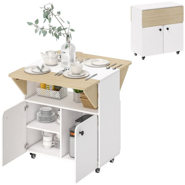 HOMCOM Klapptisch Rollschrank, zwei klappbare Tischseiten, Schrankfach, 4 Rollen, Weiß+Naturholz, 835-683V90ND