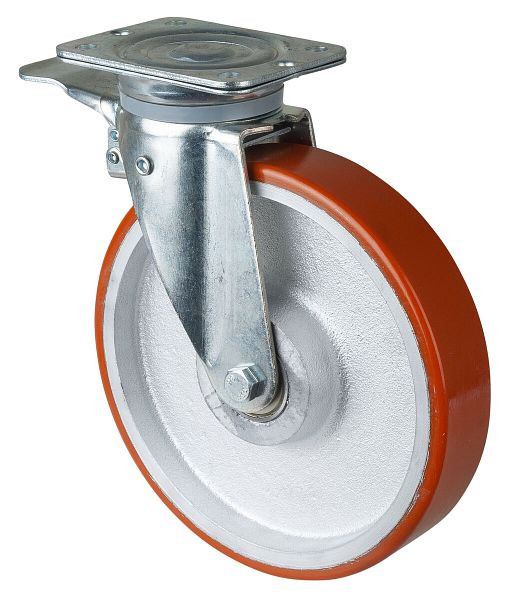 BS Rollen Schwerlastrolle mit Feststeller, Breite 50 mm, Ø250 mm, bis 600 kg, Guss-Polyurethan 95 Shore A, Radkörper Guss, Kugellager, N120.C10.251
