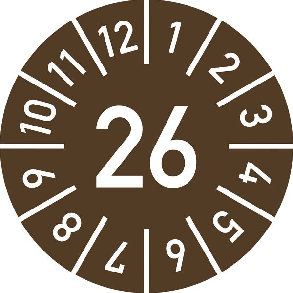 Moedel Prüfplakette Jahr 26 mit Monaten, braun, Folie, Ø 10 mm, VE: 10 Stück/Bogen, 105240