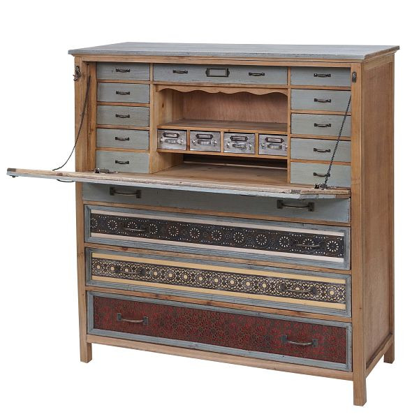 Mendler Sekretär HWC-A43, Kommode Schrank, Tanne Holz massiv Vintage Patchwork 113x99x36cm, 57066