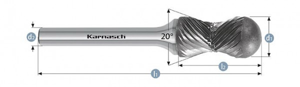 Karnasch Hartmetall-Frässtift unbeschichtet d1= 12,0 / l2= 25 / d2= 6 / l1= 70mm Combi+Curve, 114021100