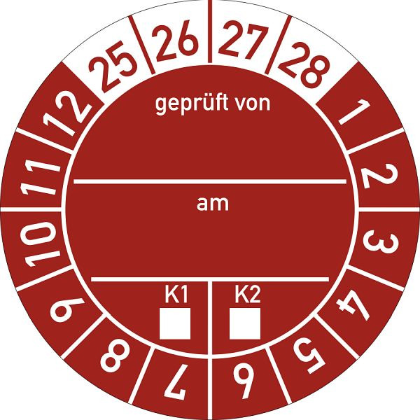 Moedel Prüfplakette geprüft von am K1/K2 2025 - 2028, Folie, Ø 30 mm, VE: 10 Stück/Bogen, 106403