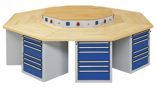 ANKE Werkbänke 8-Eck-Gruppenwerkbank; 8 Arbeitsplätze; 3018x3266x850 mm; RAL 7035/5010; Buche-Massiv-Platte 50 mm; Kantenlänge 1250 mm, 440.711
