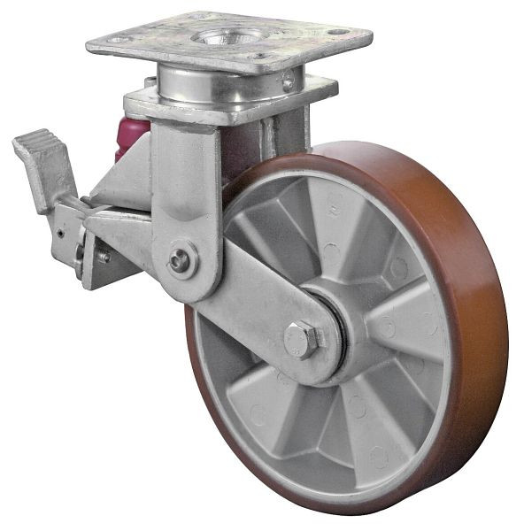 BS Rollen Gefederte Schwerlastrolle mit Feststeller, Breite 50 mm, Ø200 mm, bis 600 kg, Guss-Polyurethan 95 Shore A, Aluminium, Kugellager, T120.B90.200