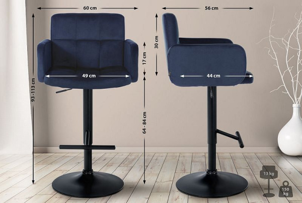 CLP Barhocker Los Angeles Samt schwarz, blau, VE: 2 Stück, 327358