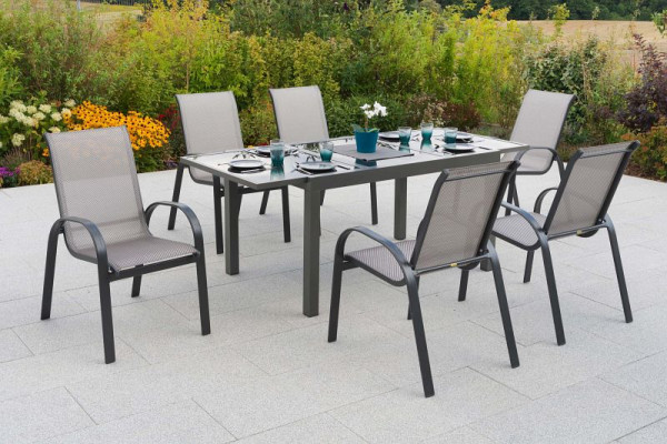 Merxx Amalfi Set 7-teilig, 6 Amalfi Stapelsessel, 1 Ausziehtisch 150 (210) x 90 cm, graue Glasplatte, Graphit/diamantbraun, 51104-330